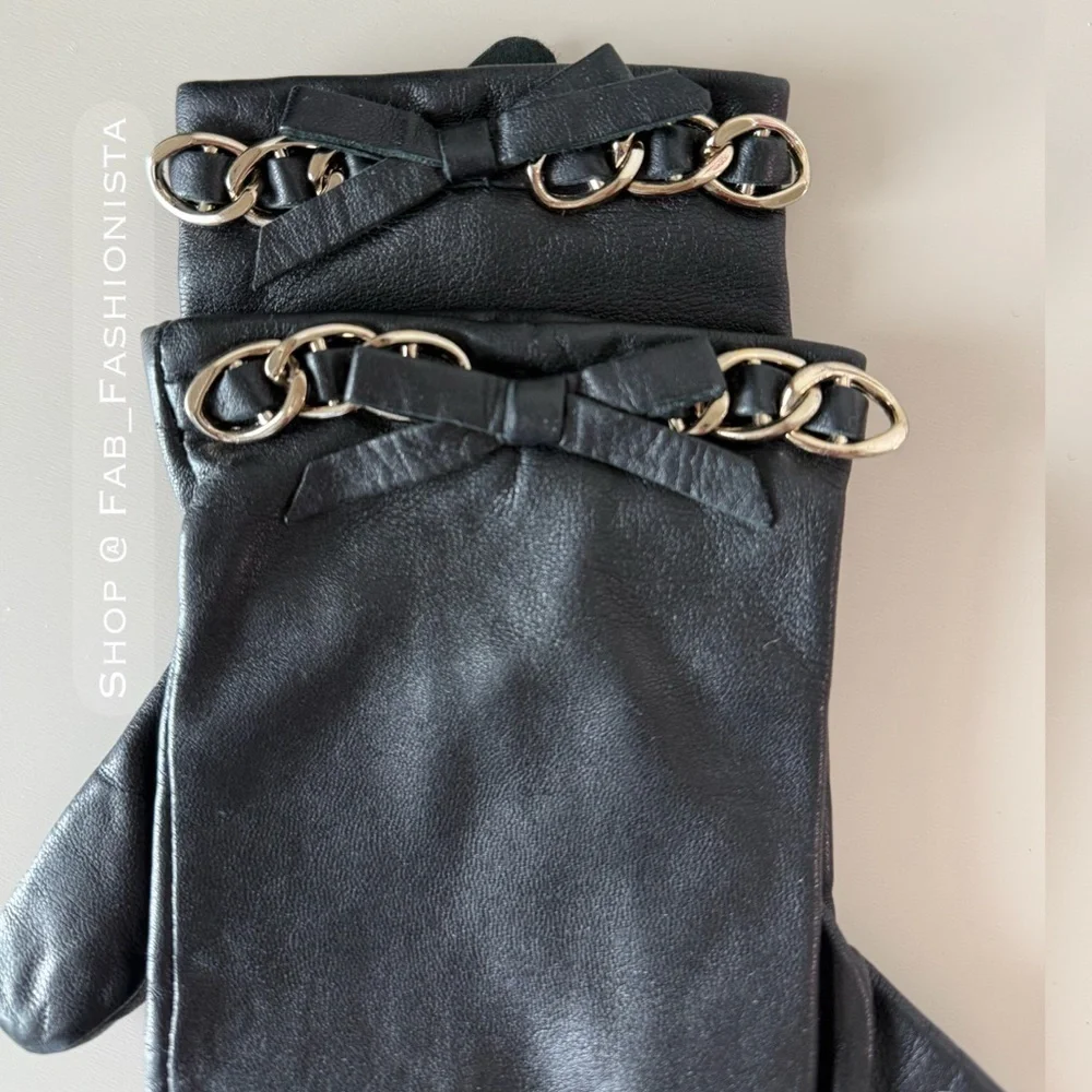 Michael Kors Black Leather Gloves with Chain Accent